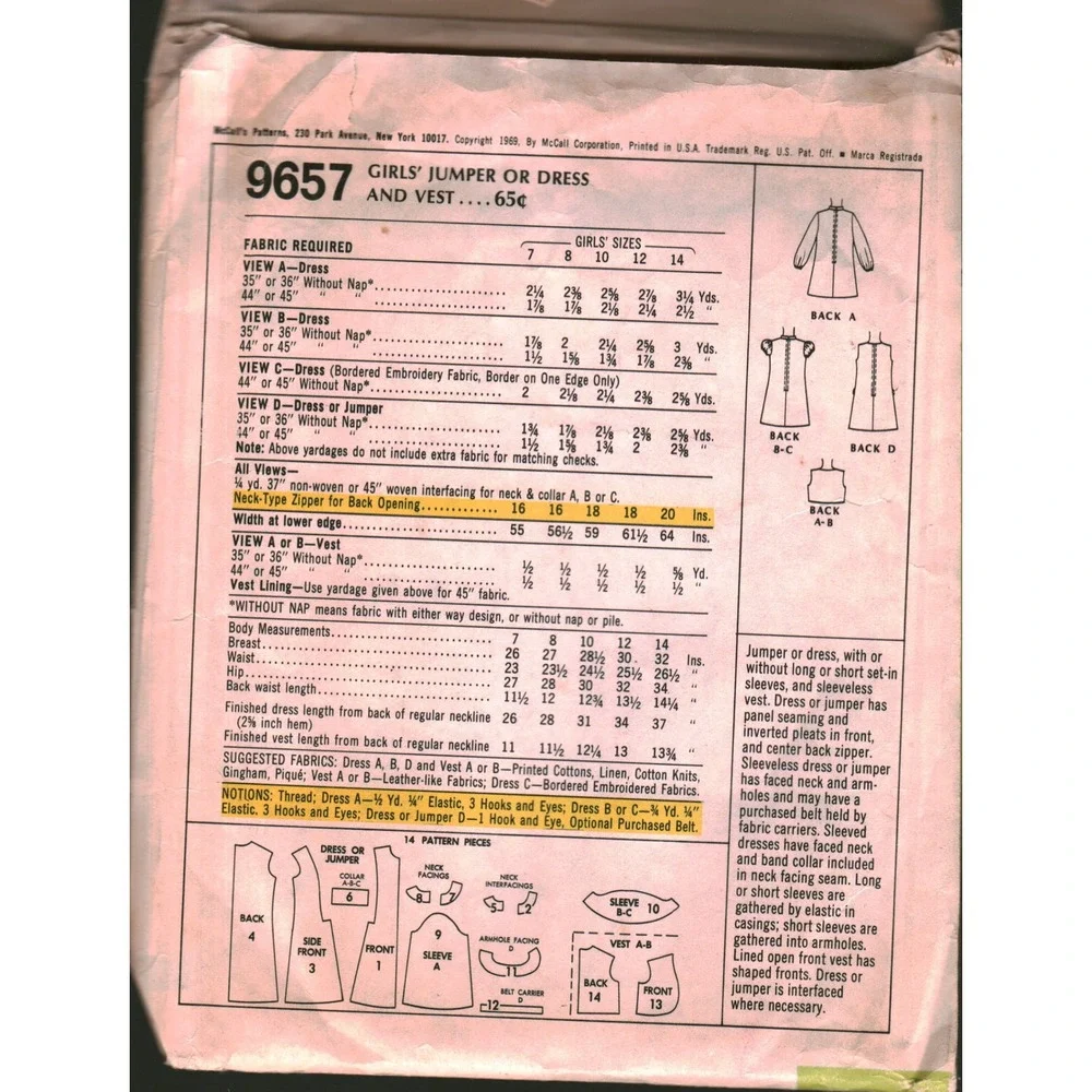 Vintage‎ 1969 McCalls 9657 Girls Dress Jumper and Vest Sewing Pattern Size 10